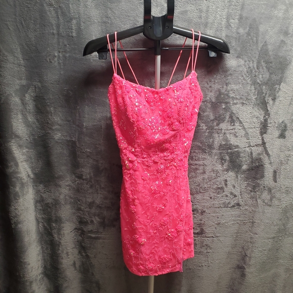 Pink Sequin Spaghetti Strap HOCO Dress - Picture 3 of 12